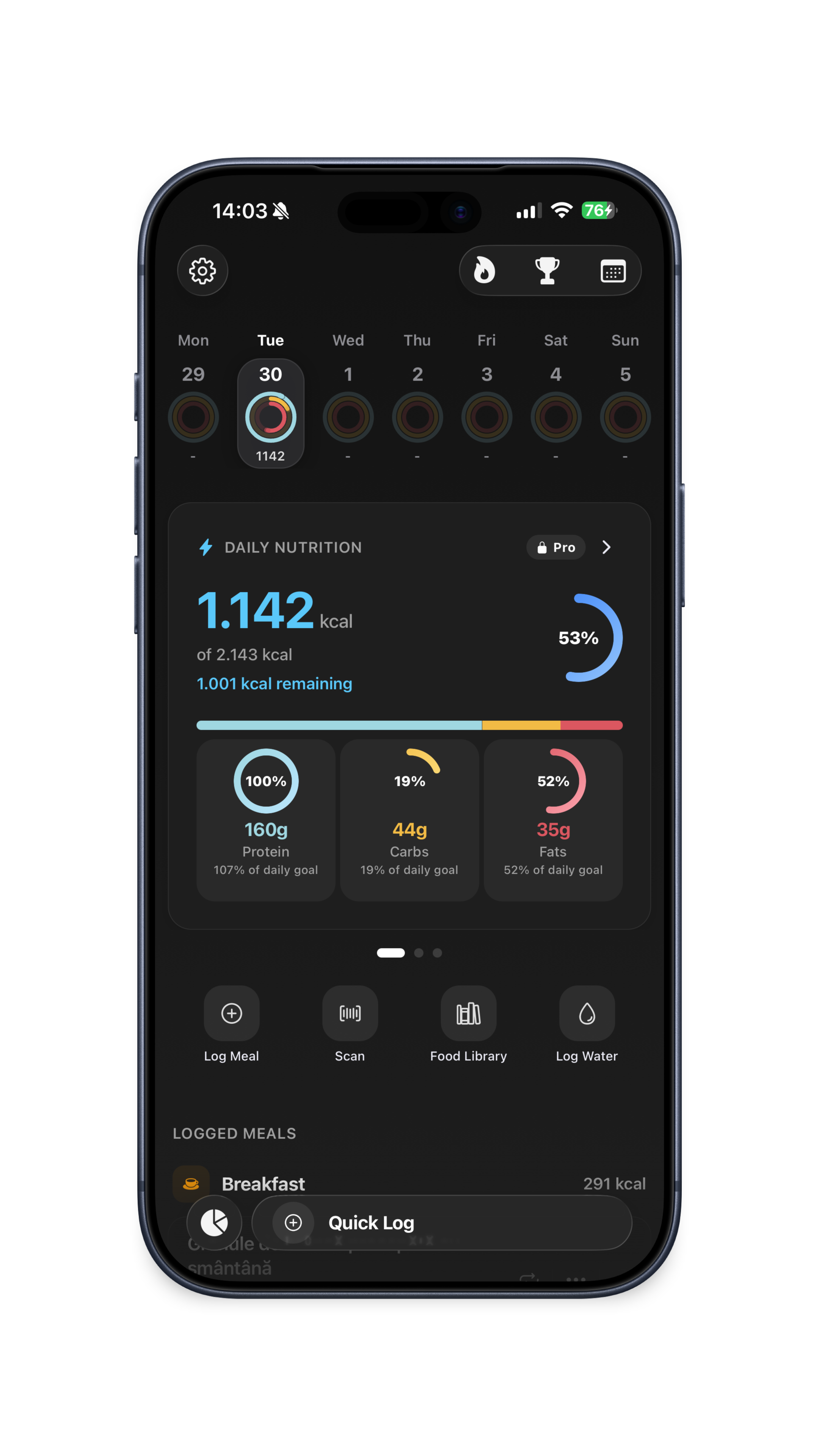 Daily nutrition screen with calorie ring and macro breakdown