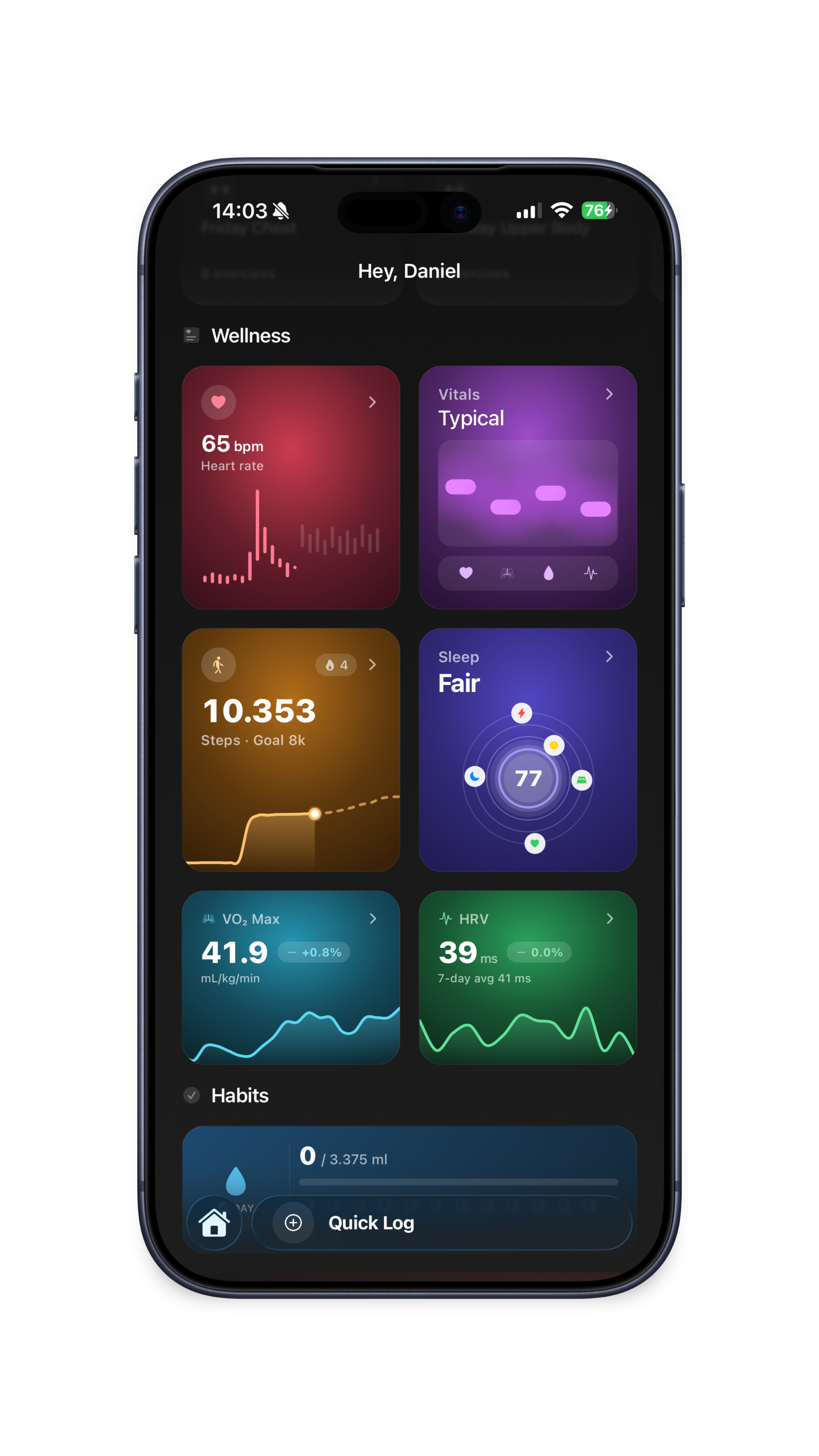 GymHub wellness dashboard — heart rate, vitals, steps, sleep, VO₂ max, and HRV cards synced from Apple Health